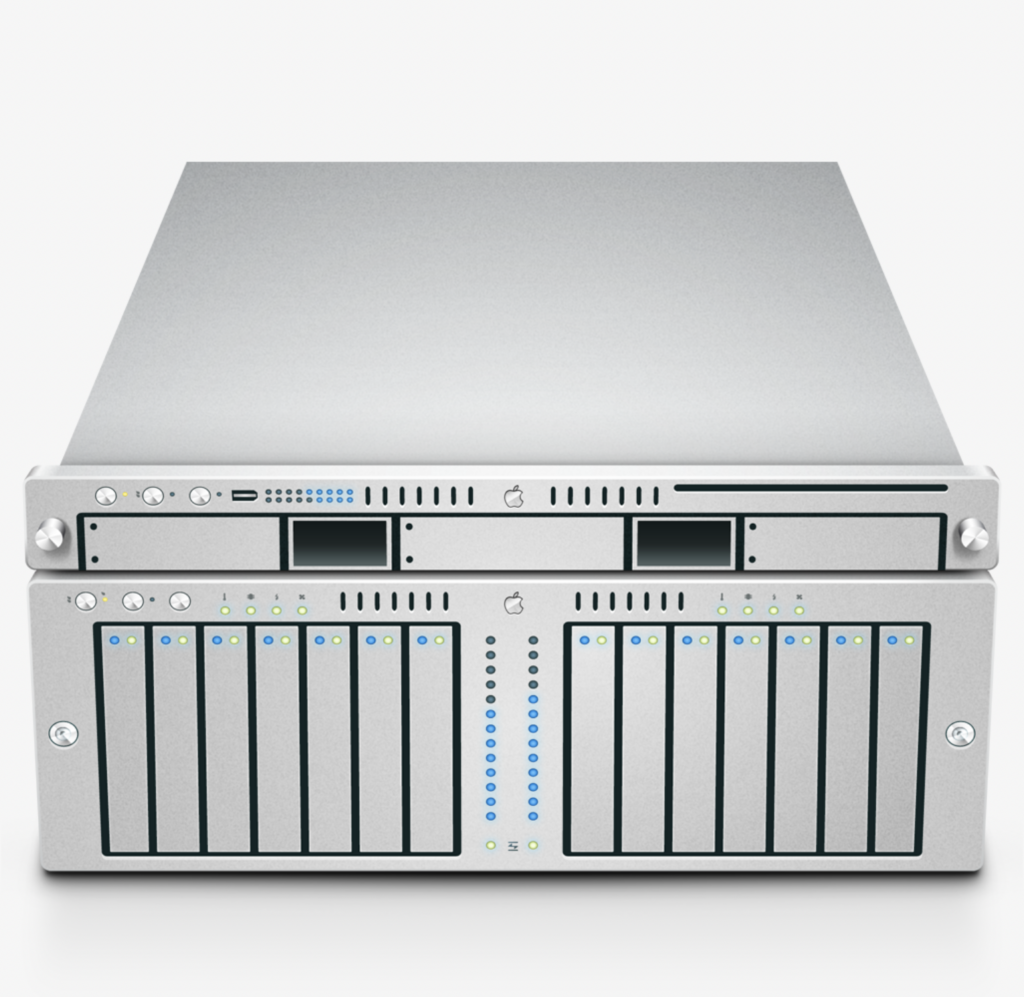 A realistic rendering of an old Apple xserve, a metal box with numerous drive bays and buttons.