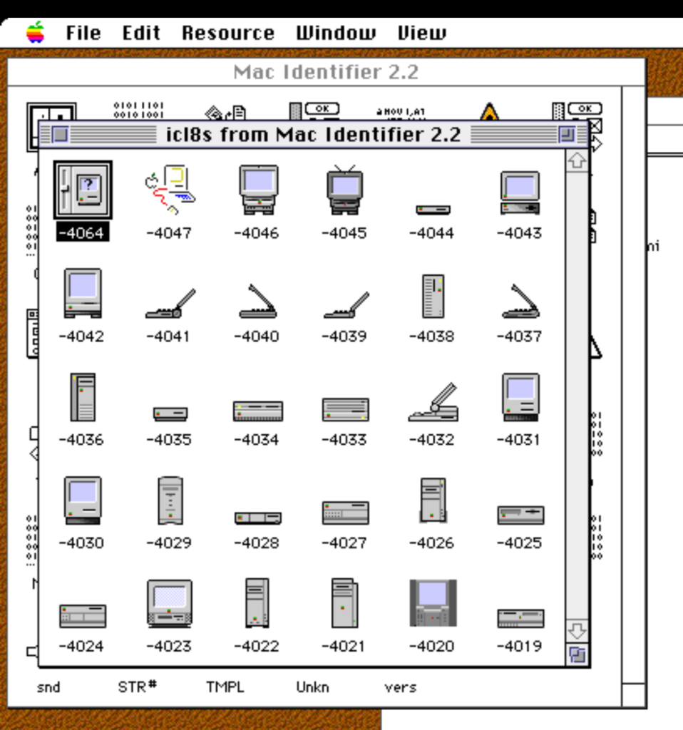 A screenshot of classic Mac OS showing a window from ResEdit. The window shows a lot of small icons for different Mac models.