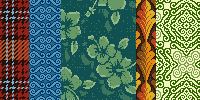 A collection of colored pixel-art patterns, some abstract and some showing flowers.