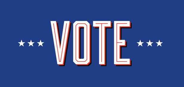 A blue banner with the text 'Vote' on it in uppercase white and red letters, with three white stars on both sides.