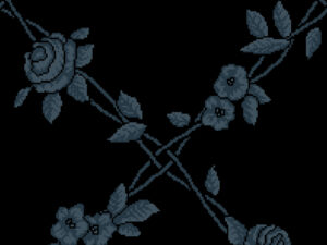 A pixelated pattern showing a black background with dark gray interlinked roses.