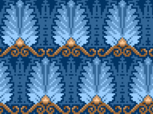 A pixelated abstract pattern of blue leaflike designs with gold curly elements.