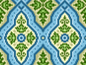 A pixelated abstract pattern of blue stripes with green and gold ornaments.