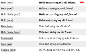 A screenshot showing a list of text styles: italic, bold, etc. This shows the new Unicode mathematical character set.